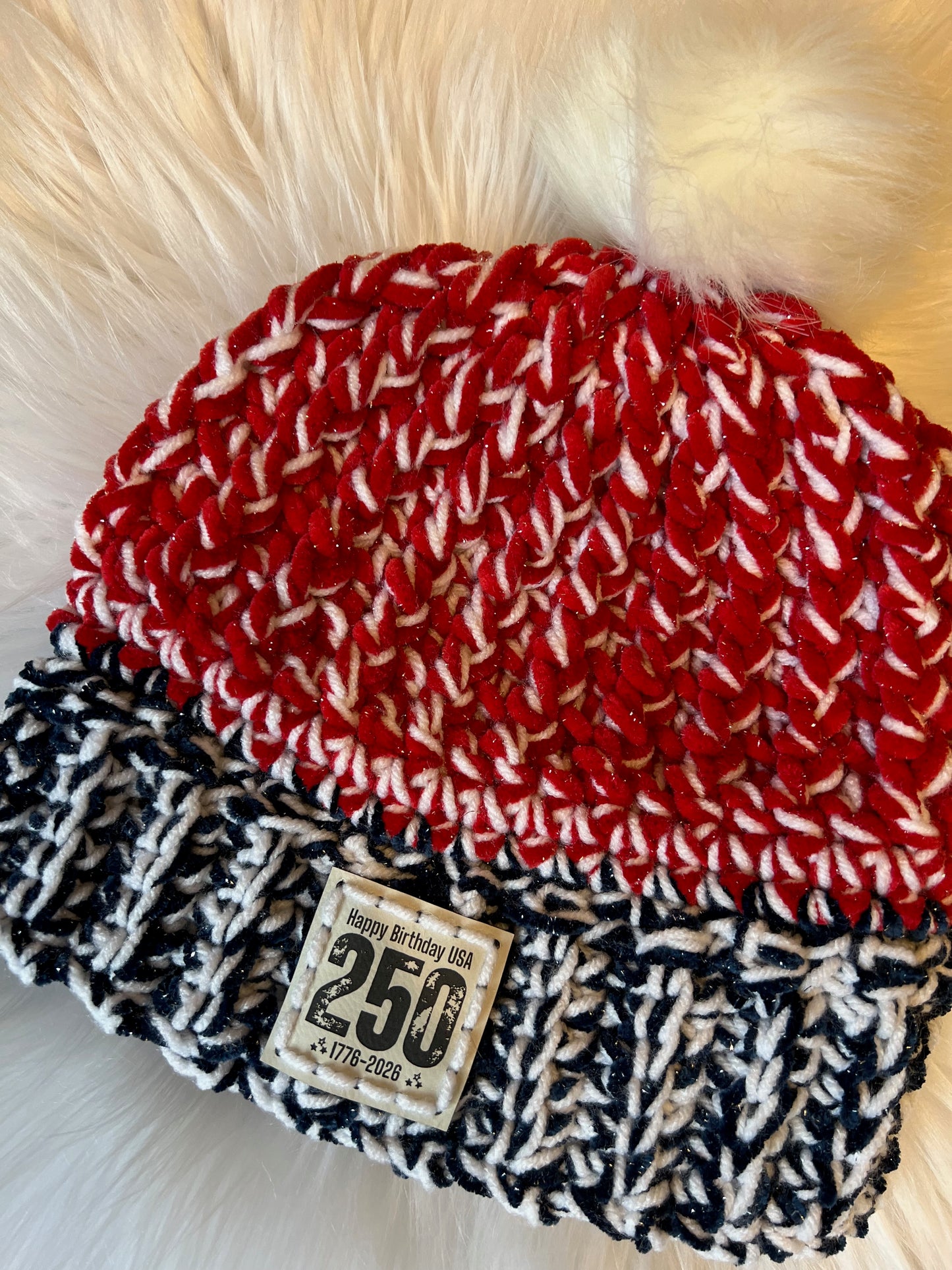 USA Birthday Beanie - Red White Blue Winter Hat | Handmade Crochet